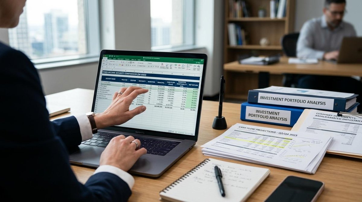CDB para pessoa jurídica: como comprar passo a passo e fazer o caixa render 3 Mãos de um profissional comparando rentabilidade de títulos de renda fixa em um laptop aberto, com planilhas de fluxo de caixa e documentos da empresa