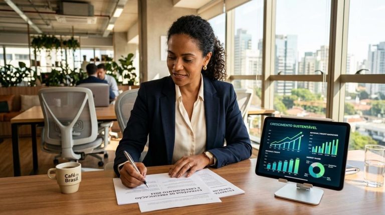 Como aumentar preços sem perder clientes: estratégias que vão além do aviso prévio 4 Mulher escrevendo em um papel com um tablet com gráficos ao lado