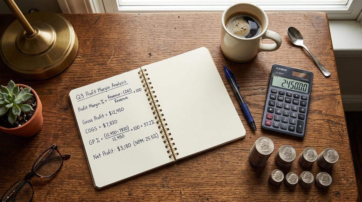 Como calcular a margem de lucro do meu negócio e interpretar os resultados 3 Caderno aberto com cálculos matemáticos ao lado de uma calculadora e moedas