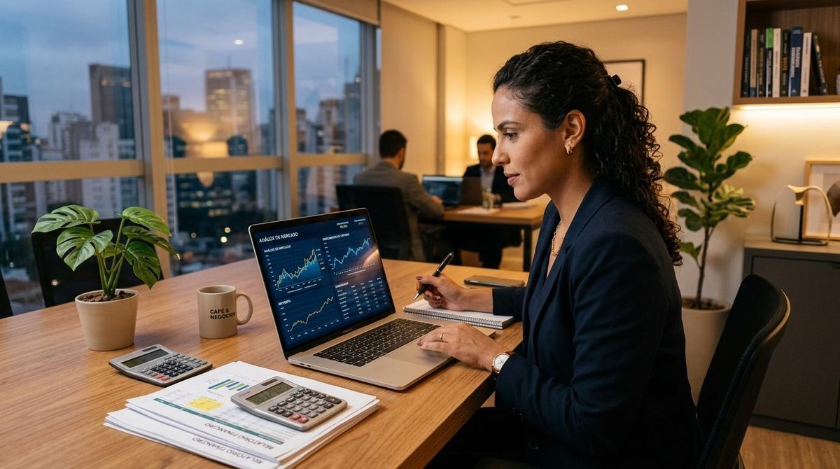 Pessoa empreendedora analisando planilha de rendimento real de investimentos empresariais em um notebook