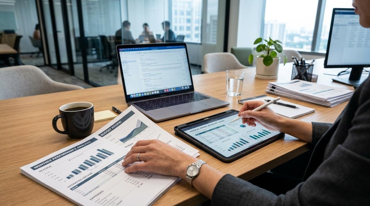 Mãos de um gestor empresarial manipulando documentos financeiros e tablet com tabelas de rendimento, sobre uma mesa de escritório com café e notebook