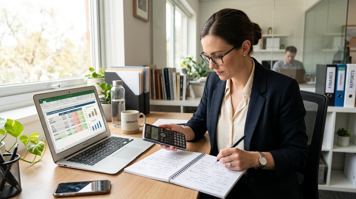 Profissional de negócios realizando cálculos financeiros com calculadora e anotações em caderno, ao lado de um notebook exibindo planilha de indicador