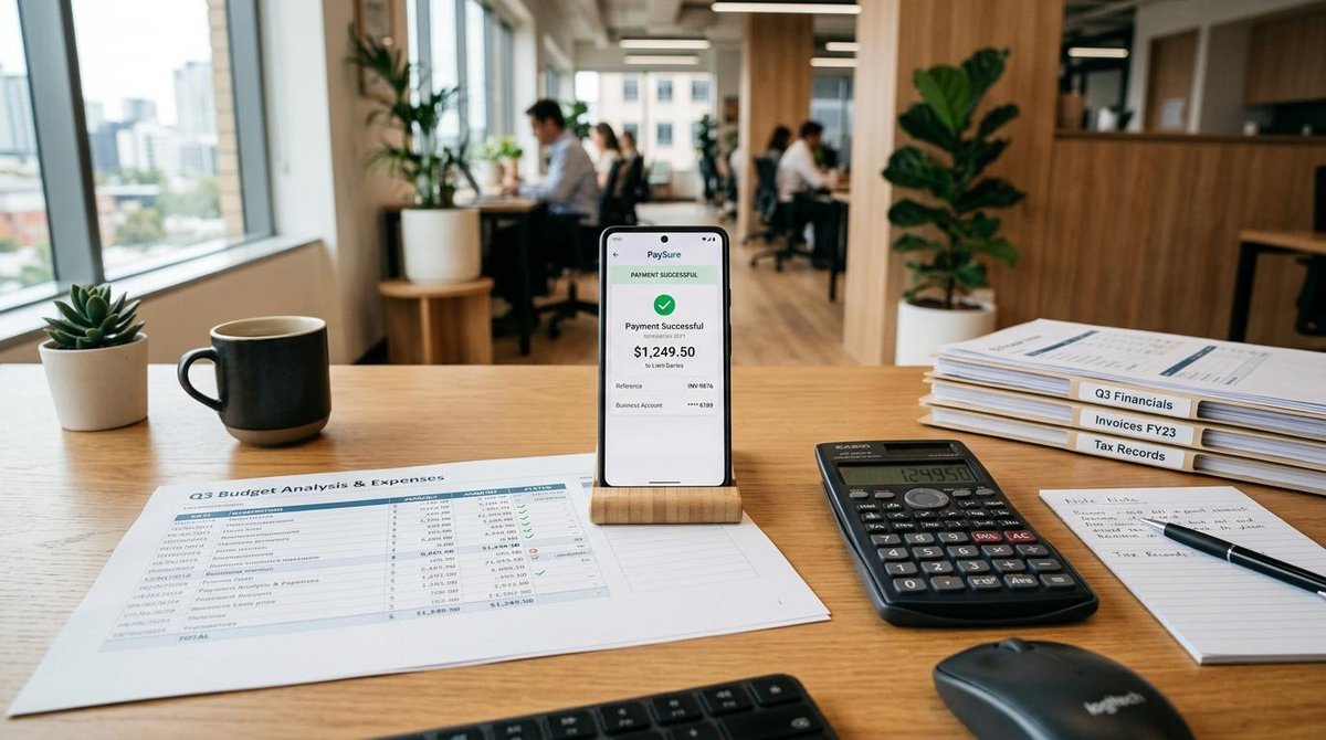Como conciliar suas vendas no Mercado Pago com seu contador de forma organizada 1 Celular em cima de uma mesa de escritório aberto com um comprovante de pagamento
