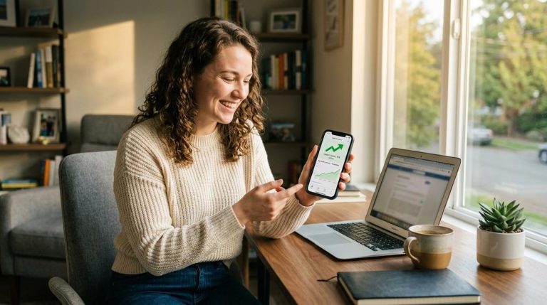 Como construir score de crédito do zero e ganhar confiança no mercado financeiro 3 Mulher sorrindo vendo o score do banco pelo celular