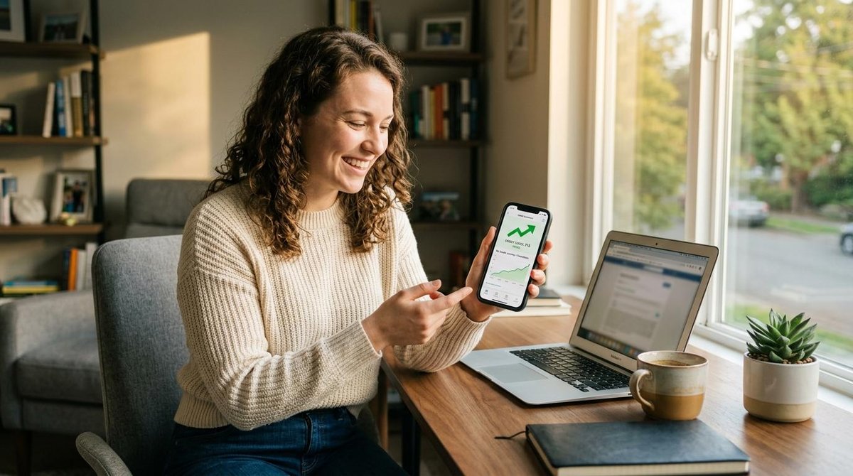 Como construir score de crédito do zero e ganhar confiança no mercado financeiro 1 Mulher sorrindo vendo o score do banco pelo celular