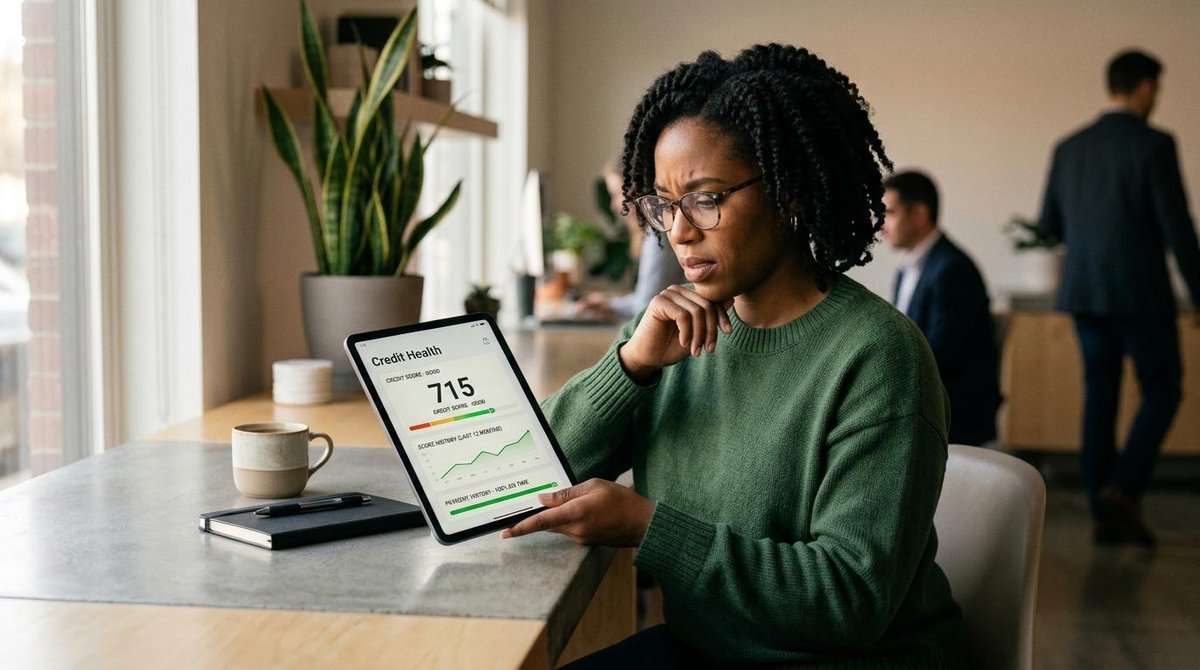 Como construir score de crédito do zero e ganhar confiança no mercado financeiro 2 Mulher mexendo no tablet na aba de score do banco