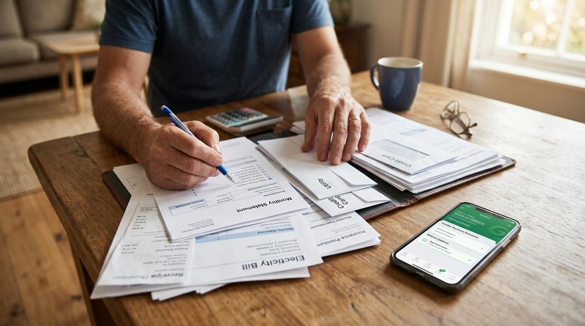 Como construir score de crédito do zero e ganhar confiança no mercado financeiro 3 Homem analisando boletos enquanto faz anotações