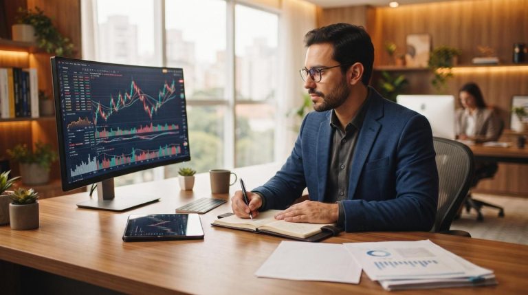 Como diversificar os investimentos do meu negócio e reduzir riscos financeiros 4 Pessoa empreendedora analisando gráficos financeiros em um tablet para planejar a diversificação dos investimentos do negócio