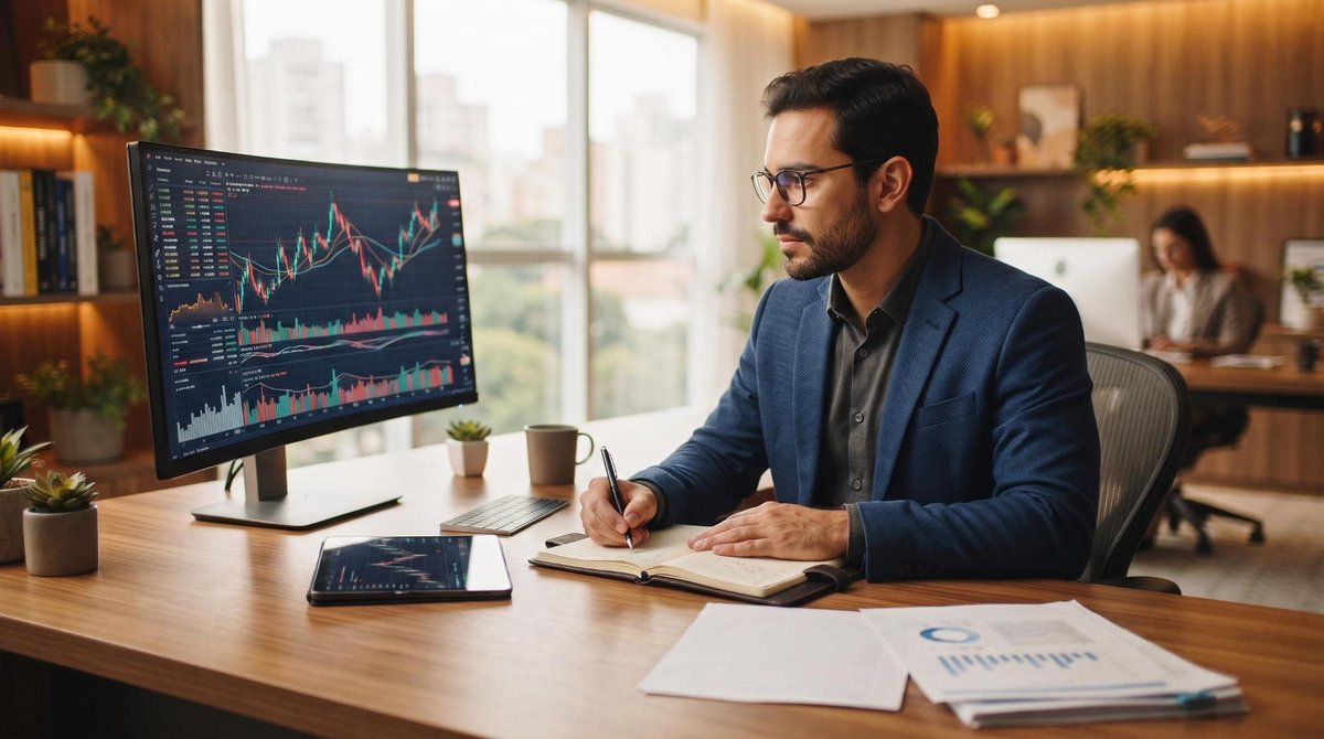 Como diversificar os investimentos do meu negócio e reduzir riscos financeiros 1 Pessoa empreendedora analisando gráficos financeiros em um tablet para planejar a diversificação dos investimentos do negócio