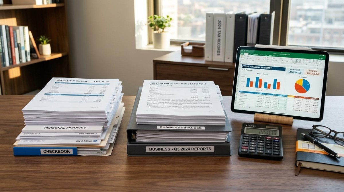 Como diversificar os investimentos do meu negócio e reduzir riscos financeiros 2 Mesa de trabalho empresarial organizada com duas pilhas de documentos claramente separadas representando finanças pessoais e empresariais, ao lado de