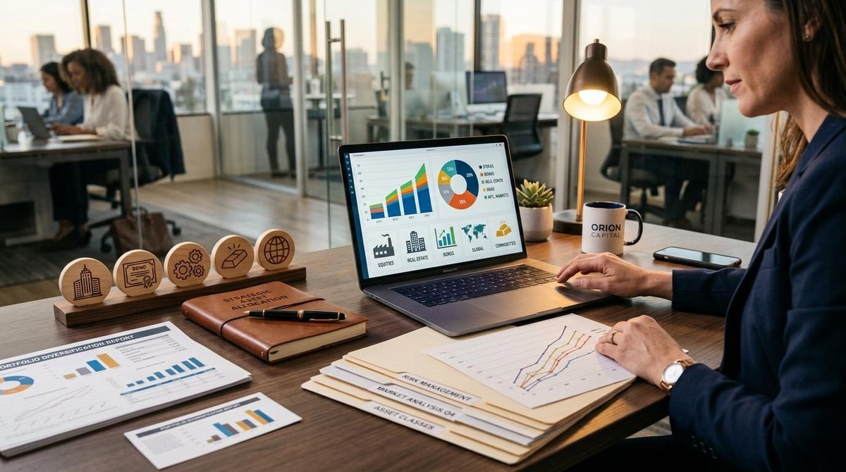Como diversificar os investimentos do meu negócio e reduzir riscos financeiros 3 Conceito visual de diversificação de investimentos com múltiplos elementos sobre uma mesa de escritório profissional: gráficos de crescimento, ícones