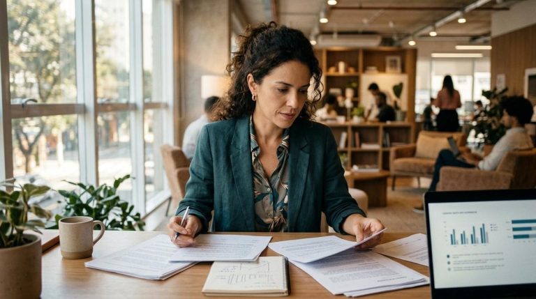 Como escolher entre MEI e CNPJ para sua PME e acertar no enquadramento 1 Pessoa empreendedora analisando documentos de enquadramento jurídico em uma mesa de trabalho