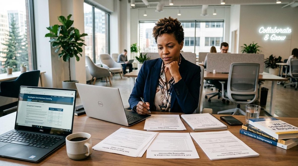 Como escolher entre MEI e CNPJ para sua PME e acertar no enquadramento 2 Pequeno empresário sentado em escritório contemporâneo com notebook aberto e formulários de registro sobre a mesa, avaliando opções de formalização co