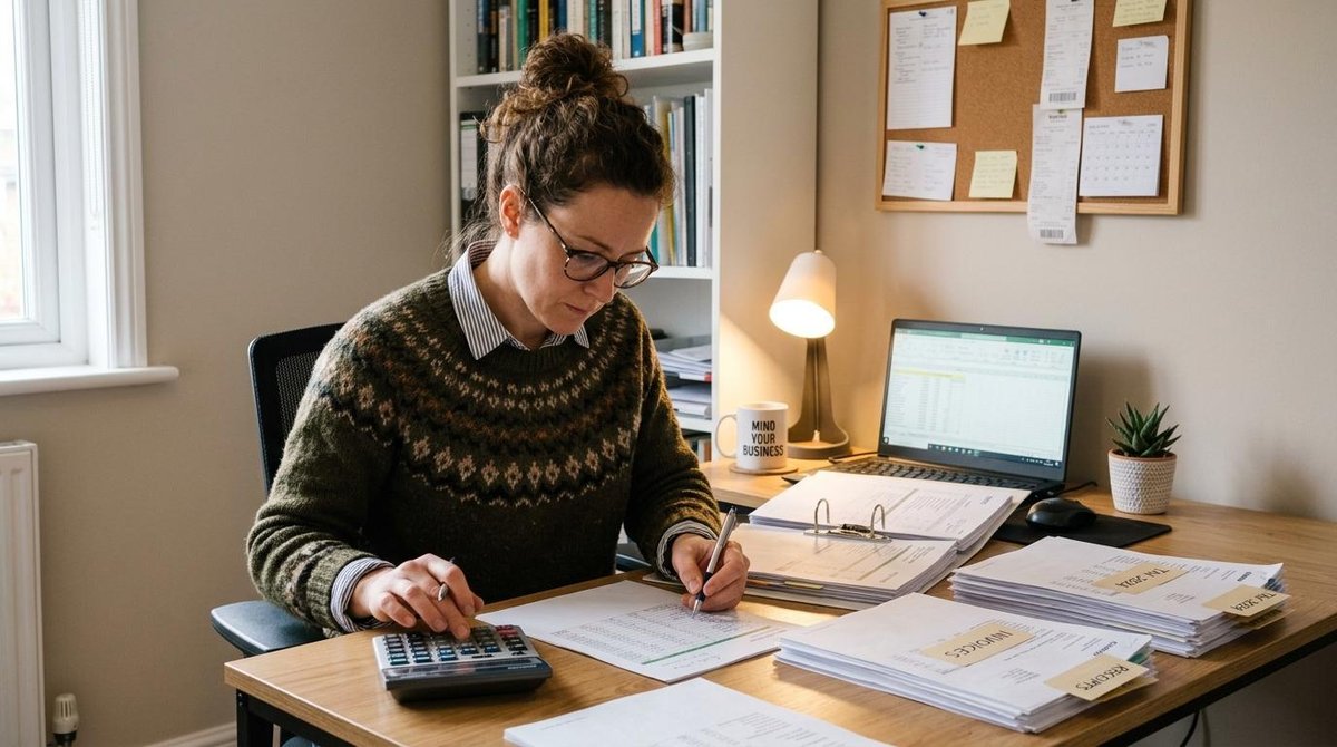 Como escolher entre MEI e CNPJ para sua PME e acertar no enquadramento 3 Profissional autônomo trabalha em espaço organizado com documentos fiscais e calculadora sobre a mesa, representando a rotina de um microempreendedor