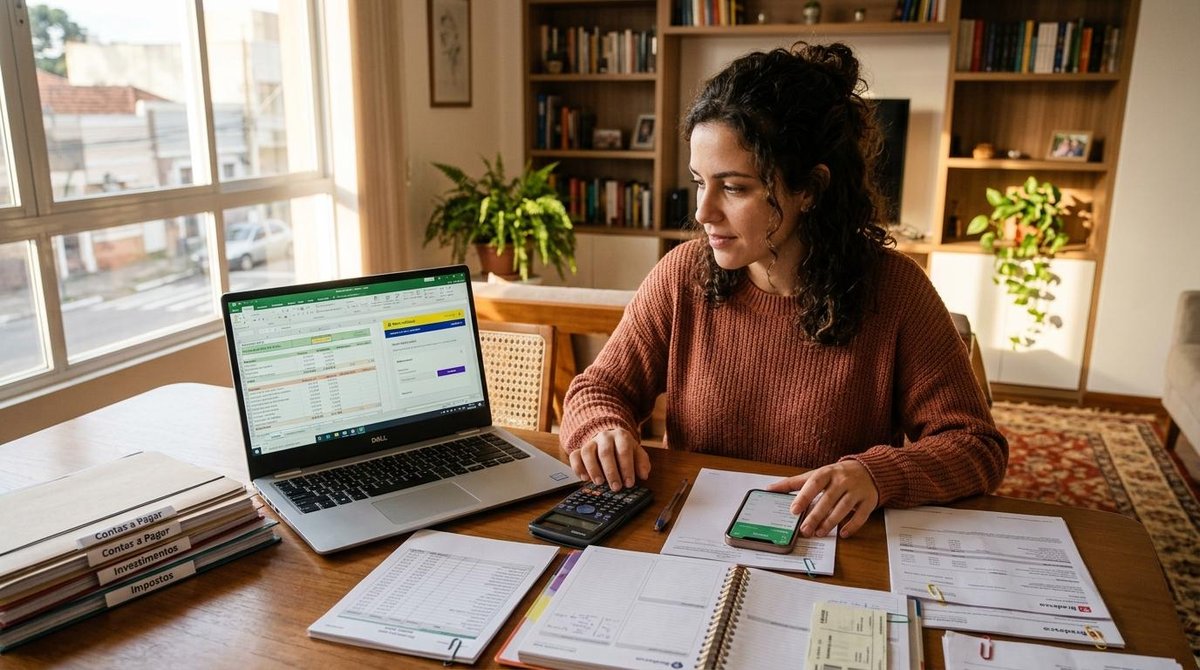 Como escolher meu primeiro cartão de crédito no Brasil e não errar na decisão 2 Mulher em uma mesa de escritório com papéis, computador, celular e calculadora