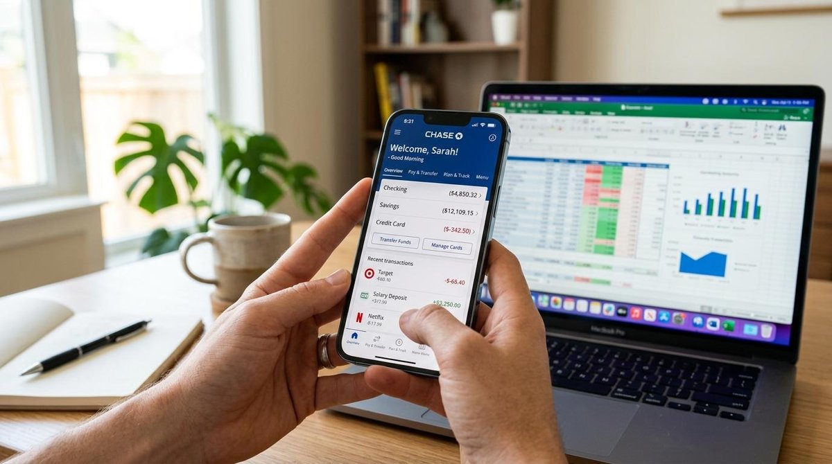 Como exportar movimentações do Mercado Pago para Excel e organizar suas finanças 3 Pessoa segurando um celular em mão com o aplicativo do banco aberto enquanto o computador tem uma planilha em evidência