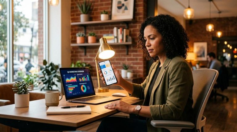 Como financiar a publicidade do seu negócio com crédito do Mercado Pago 3 Mulher segurando o celular em mãos na frente de um computador com gráficos abertos