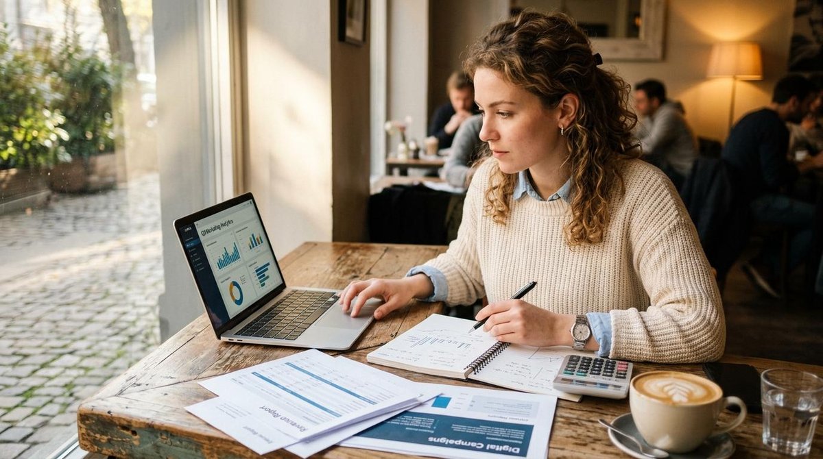 Mulher sentada na mesa de um escritório olhando para o notebook enquanto faz anotações no caderno