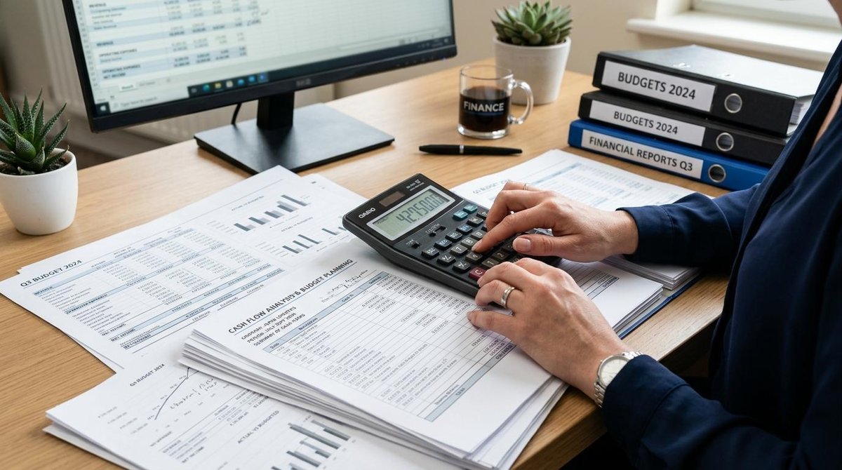 Como investir o excedente de caixa da sua PME e fazer o dinheiro render mais 2 Mãos de um profissional organizando documentos financeiros e usando uma calculadora sobre uma mesa de escritório limpa, focada na análise detalhada do