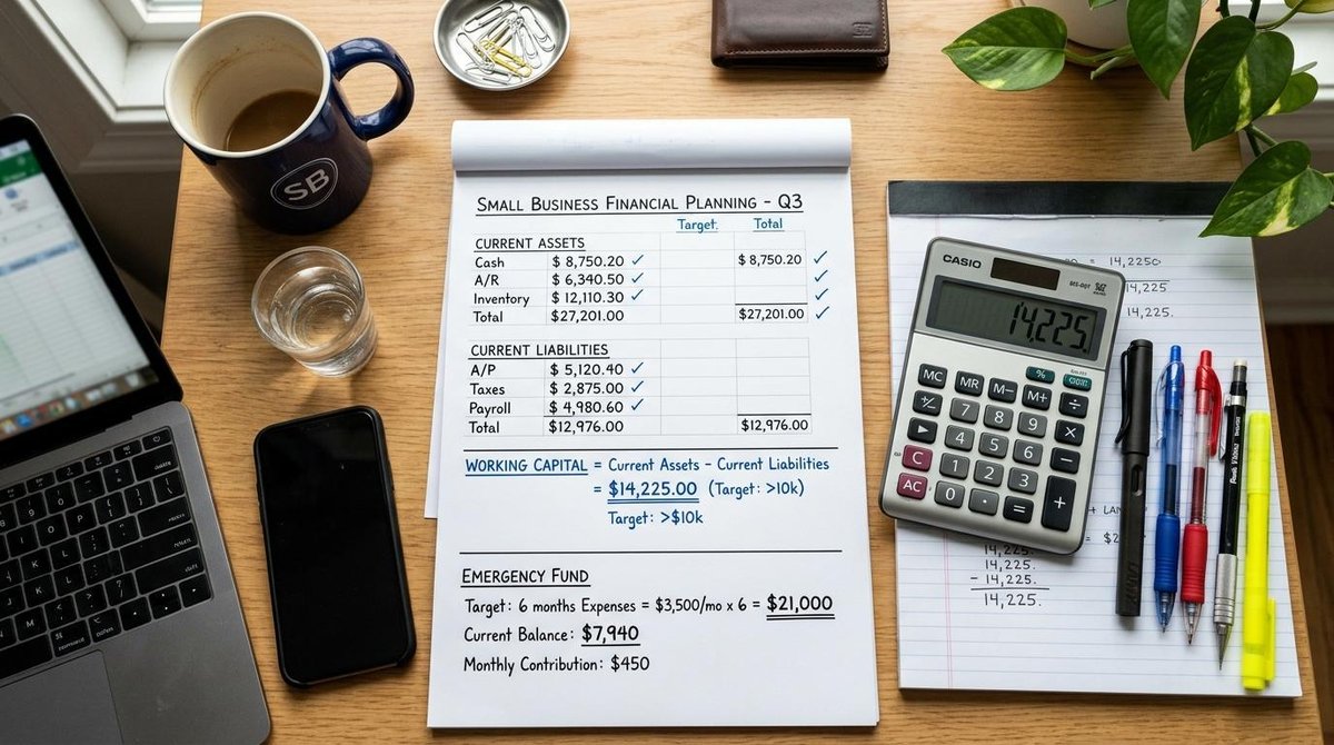 Como investir o excedente de caixa da sua PME e fazer o dinheiro render mais 3 Visão de cima de uma mesa de trabalho com planilhas, canetas e uma calculadora exibindo números, representando o cálculo preciso do capital de giro e