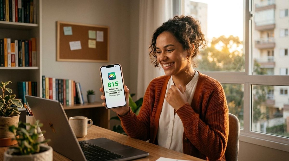 Como limpar meu nome no Serasa: guia com opções de negociação e prazos 1 Mulher sorrindo mostrando o score do banco pelo aplicativo no celular