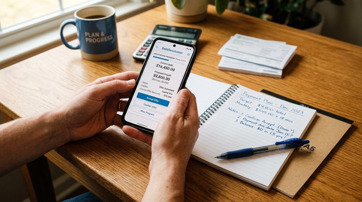 Como limpar meu nome no Serasa: guia com opções de negociação e prazos 3 Pessoa olhando para o aplicativo do banco no celular com um caderno na frente