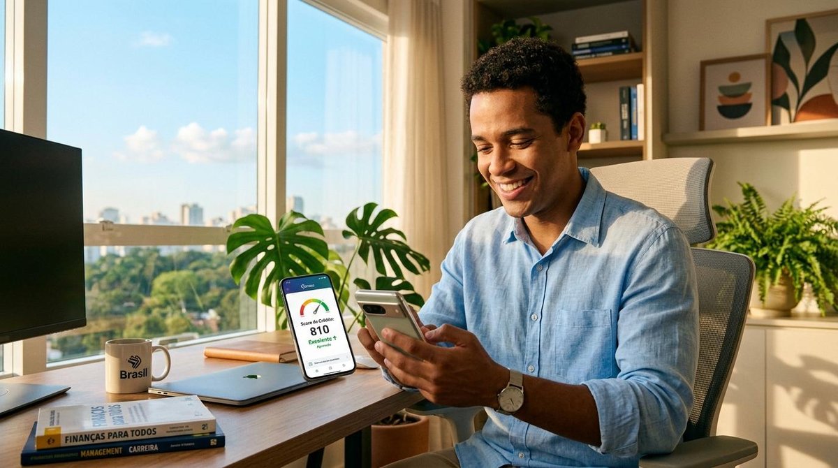 Como melhorar meu score Serasa de forma prática e ver resultados em menos tempo 1 Homem sorrindo olhando para o celular enquanto vê o score do banco