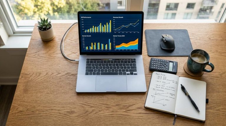 Como precificar serviços e produtos digitais no Brasil com estratégia e segurança 8 Computador aberto com gráficos com caderno e calculadora ao lado
