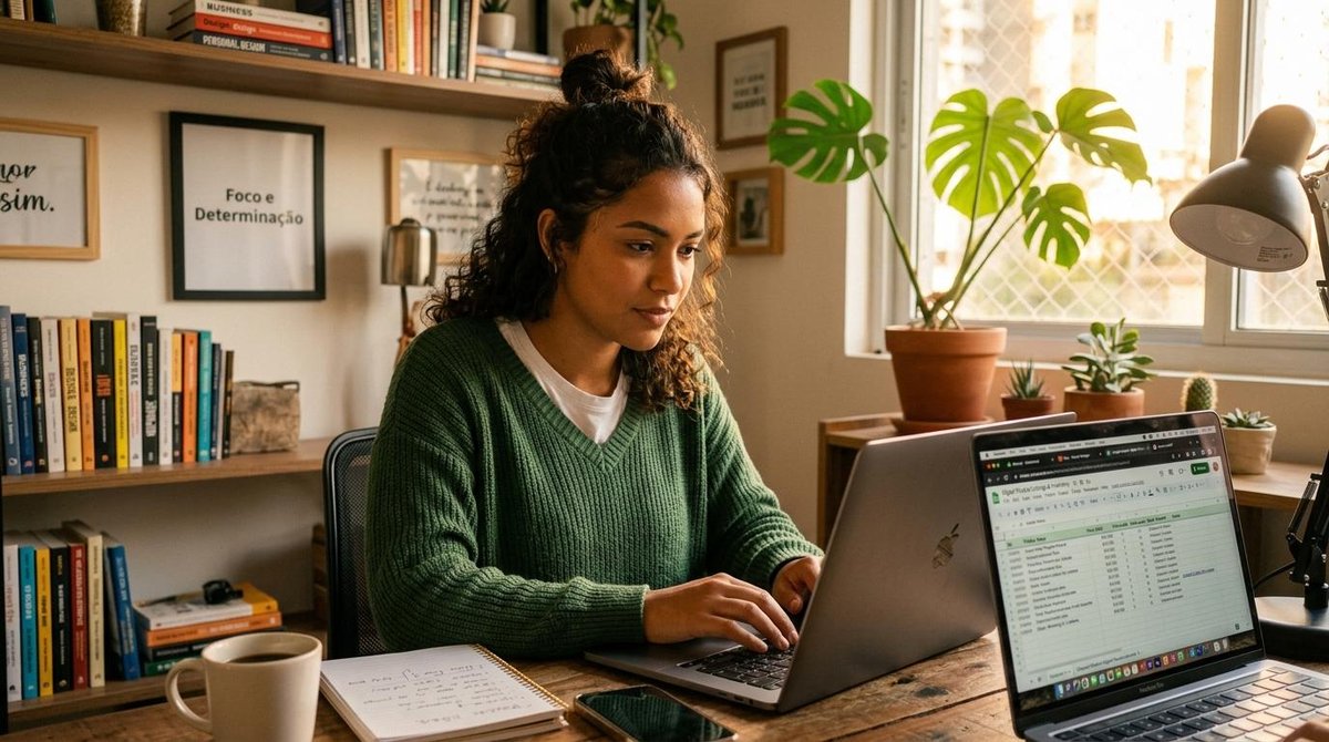 Como precificar serviços e produtos digitais no Brasil com estratégia e segurança 2 Mulher concentrada mexendo no computador