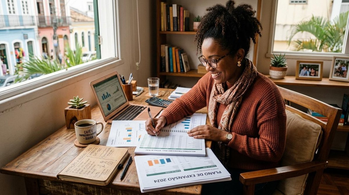 Como projetar o fluxo de caixa do meu negócio em etapas práticas 2 Pequeno empresário brasileiro revisando documentos financeiros e relatórios de planejamento em uma mesa de trabalho aconchegante, com xícara de café e