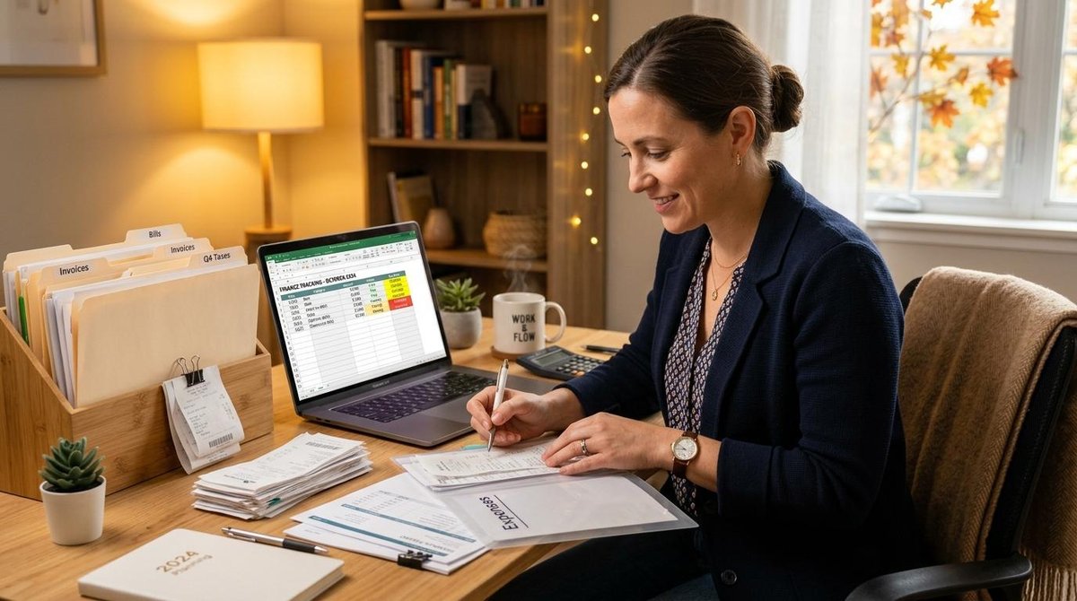 Como projetar o fluxo de caixa do meu negócio em etapas práticas 3 Profissional organizando recibos, boletos e notas fiscais em uma mesa de escritório moderna, com computador aberto mostrando planilhas de controle de