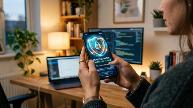 Como proteger minha conta Mercado Pago de hackers e manter seu dinheiro seguro 9 Mulher mexendo nas configurações de segurança de um banco pelo celular