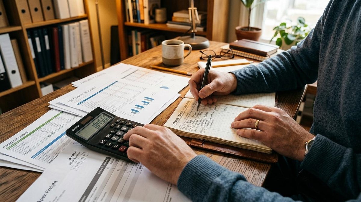 Como proteger os lucros do meu negócio da inflação com estratégias práticas 2 Mãos de uma pessoa trabalhando em uma calculadora e anotando em um caderno de contas, com planilhas de custos e faturas na mesa, em um ambiente de esc
