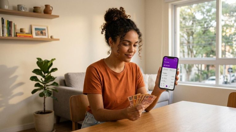 Como sacar dinheiro da conta Mercado Pago: todas as formas disponíveis hoje 5 Mulher segurando um celular em uma mão e na outra, cédulas de dinheiro