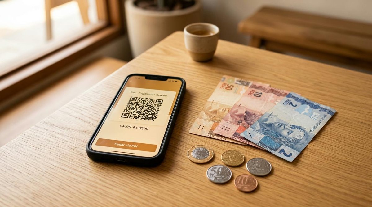Como sacar dinheiro da conta Mercado Pago: todas as formas disponíveis hoje 2 Celular aberto com um QR Code ao lado de cédulas de dinheiro e moedas