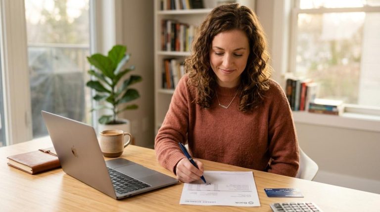 Como usar o cartão de crédito sem se endividar: estratégias além do óbvio 8 Mulher escrevendo em um papel com um notebook e uma calculadora ao lado