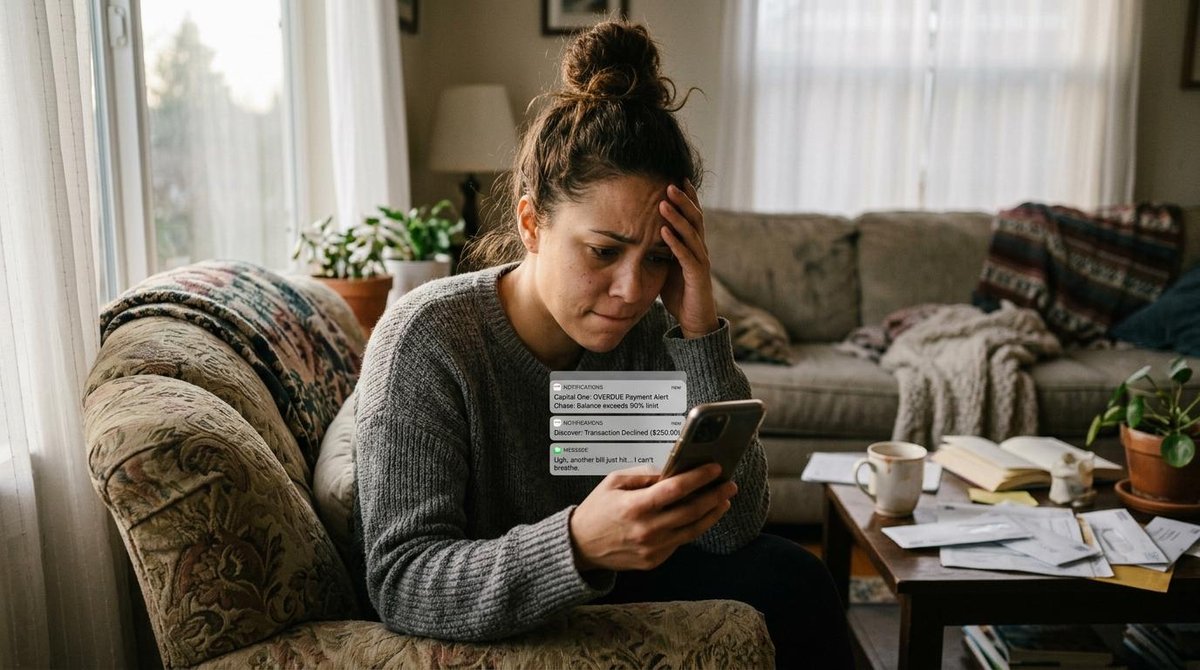 Como usar o cartão de crédito sem se endividar: estratégias além do óbvio 2 Mulher com cara de preocupada lendo notificações pelo celular