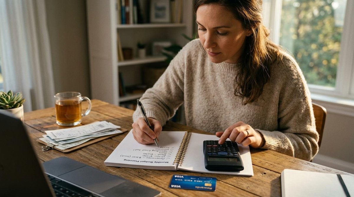 Como usar o cartão de crédito sem se endividar: estratégias além do óbvio 3 Mulher escrevendo em um caderno com cartão e calculadora em cima da mesa