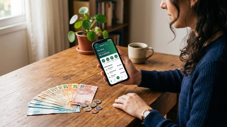 Meu dinheiro no Mercado Pago tem garantia do governo? Entenda a proteção real 7 Mulher com um celular em mãos no aplicativo do banco e ao lado notas de reais