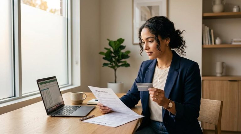 Empréstimo pessoal vs cartão de crédito: qual escolher para cada situação financeira 7 Mulher na frente do computador olhando para o cartão de crédito e uma folha de papel