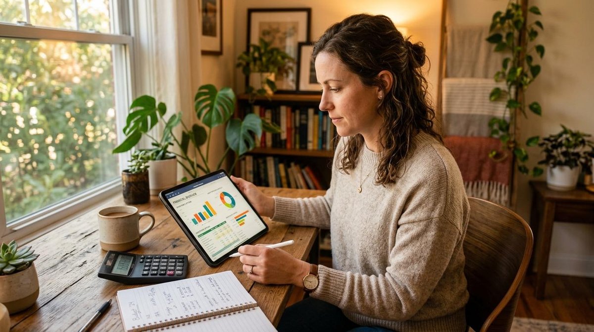 Empréstimo pessoal vs cartão de crédito: qual escolher para cada situação financeira 2 Mulher analisando gráficos por um tablet enquanto faz anotações em um caderno