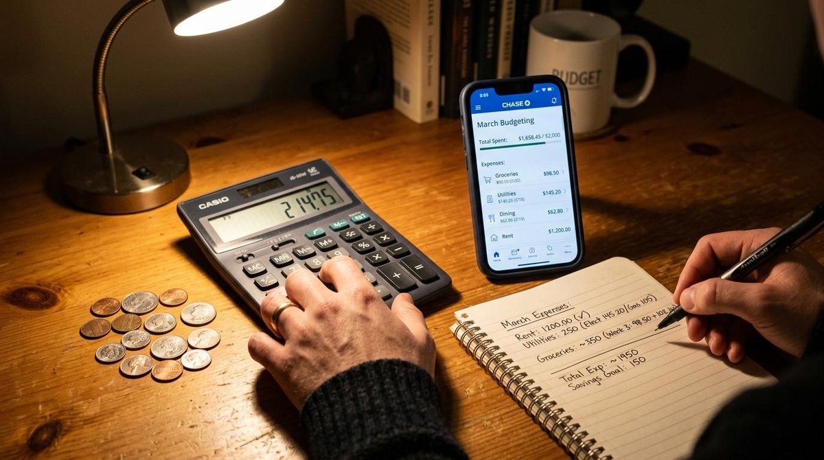 Empréstimo pessoal vs cartão de crédito: qual escolher para cada situação financeira 3 Pessoa fazendo cálculos com o aplicativo do banco aberto enquanto anota em um caderno