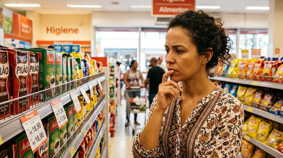Estratégias de preços psicológicos para vender mais no seu negócio 2 Mulher com cara de pensativa olhando para a prateleira de um supermercado