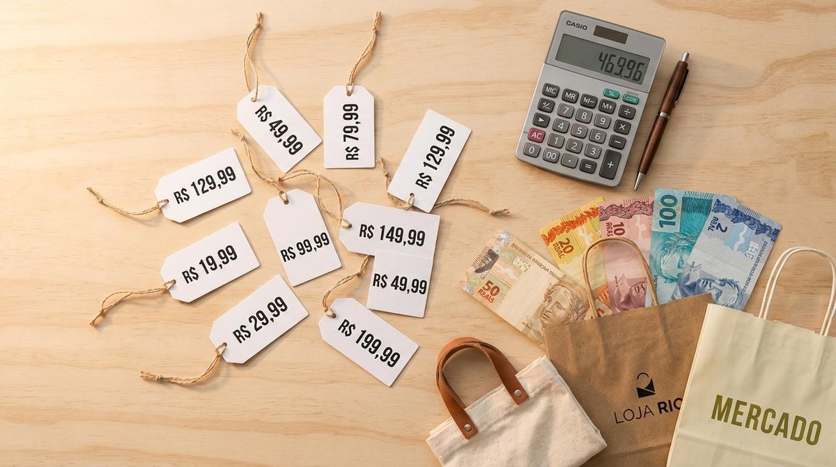 Estratégias de preços psicológicos para vender mais no seu negócio 3 Etiquetas com diferentes preços ao lado de cédulas de reais e uma calculadora