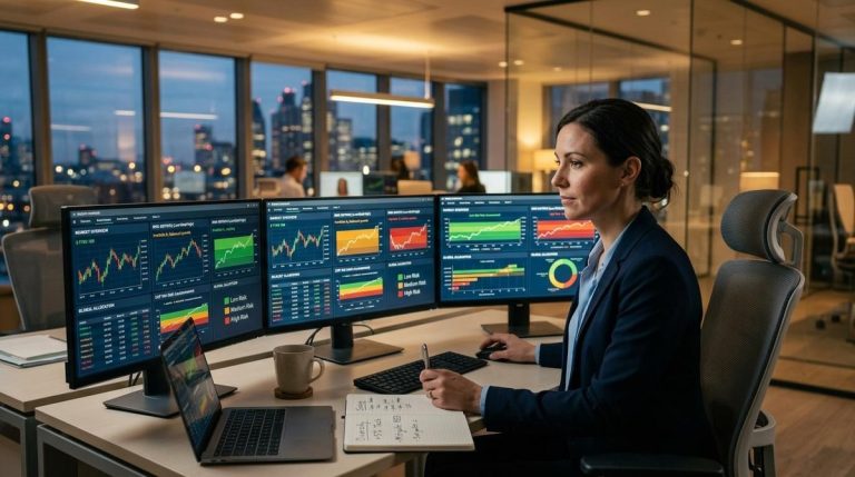Fundos de investimento para empresas: como comparar diferentes níveis de risco 6 Pessoa empreendedora analisando gráficos de fundos de investimento em um notebook sobre uma mesa de escritório