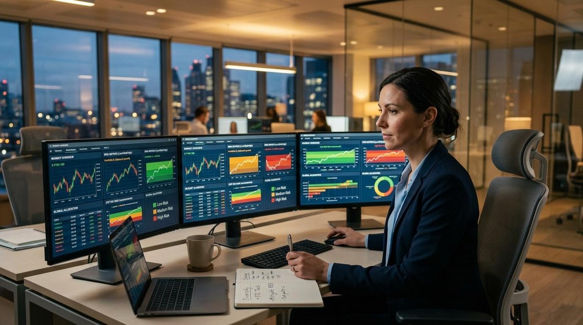 Fundos de investimento para empresas: como comparar diferentes níveis de risco 1 Pessoa empreendedora analisando gráficos de fundos de investimento em um notebook sobre uma mesa de escritório