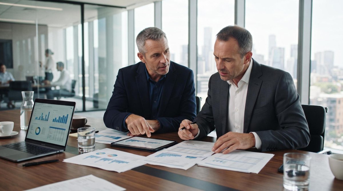 Fundos de investimento para empresas: como comparar diferentes níveis de risco 2 Dois empresários em uma reunião de planejamento financeiro em escritório contemporâneo, analisando documentos e tablets sobre uma mesa de reunião eleg