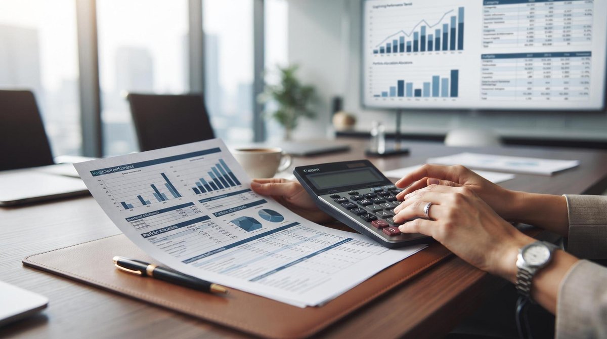 Fundos de investimento para empresas: como comparar diferentes níveis de risco 3 Close-up de mãos profissionais manipulando calculadora financeira e relatórios de investimento sobre mesa de escritório organizada, com gráficos de ba