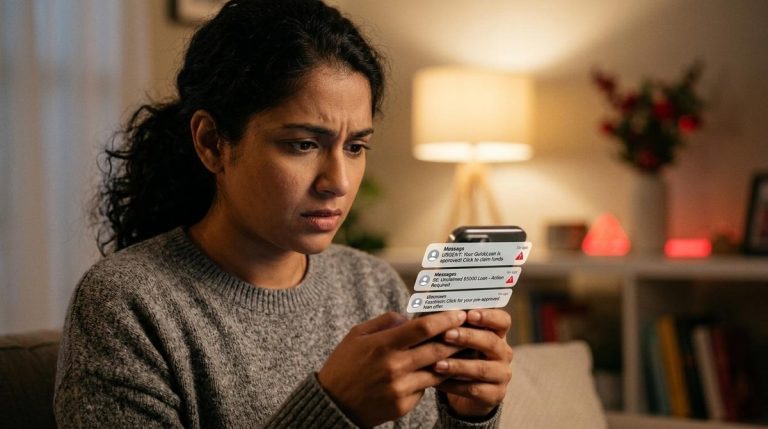 Golpes em empréstimos online: como evitar fraudes e proteger seu dinheiro 5 Mulher com cara de preocupada lendo notificações no celular