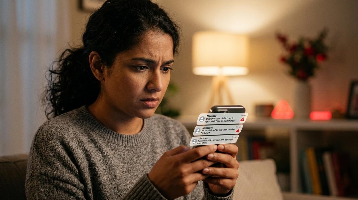 Golpes em empréstimos online: como evitar fraudes e proteger seu dinheiro 1 Mulher com cara de preocupada lendo notificações no celular